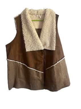 LOGO Lori Goldstein Wool Blend Sherpa Vest Womens 3X Faux Suede Brown Zip
